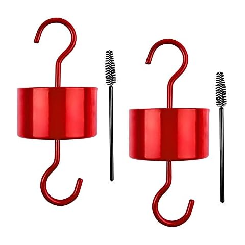 Large Ant Moat Guard for Hummingbird Feeders Accessory Hooks, Hummingbird Oriole Nectar Feeders Parts for Outdoors, 2 Red Metal Moat Hooks, 2 Clean Brushes Cover