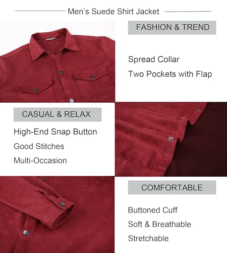 Alex Vando Mens Suede Shirt Jackets Long Sleeve Two Pockets Snap Casual Button Down Shirts