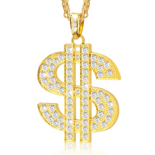 Gold Chain with Dollar Sign, Fake Gold Chain, Gold Money Chains for Men, 80 90s Hip Hop Gold Digger Costume Accessories, Hip Hop Jewelry Pendant Necklace