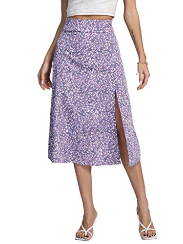 Image of LYANER Women's Casual Boho Printed High Waist Side Split Hem Zipper Midi Skirt