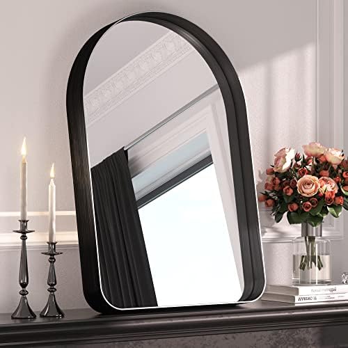 TETOTE Black Arched Mirror for Bathroom, 24x36 Wall Mounted Vanity Mirror, Matta Black Metal Framed Farmhouse Mirrors for Makeup, Decorative Shatterproof Mirror for Bedroom Entryway, Fireplace