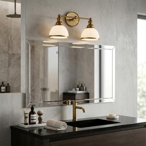 Image of Hamilyeah 2-Light Gold Bathroom Vanity Light, Brushed Gold Vanity Light Fixture Over Mirror with Milky White Glass Shades, Vintage Wall Sconce for Bathroom, Powder Room