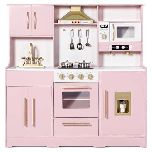 Image of Kinder King Wooden Kids Play Kitchen, Toy Kitchen Playset for Toddler, Play Kitchen Set w/Real Sounds, Pretend Coffee Machine, Kitchen Hood, Sink, Ice Maker, Gift for Boys Girls Age 3+, Pink
