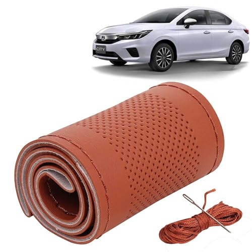 Image of KINGSWAY PU Leatherite Car Steering Cover Sewable Compatible with Honda City (Year 2020-2022), Tan Color with Tan Thread, Pack of 1 with Sewing Needle and Thread