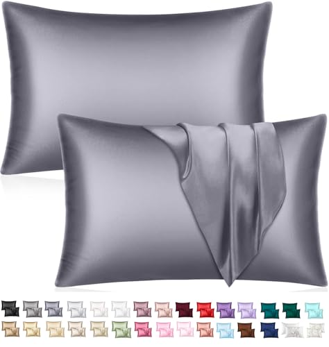 Sanoor Mulberry Satin Silk Pillowcase for Hair and Skin - Soft Breathable Smooth Both Sided Silk Pillow Cover Pair - Standard Size 50x75cm 2pc (Space Gray)