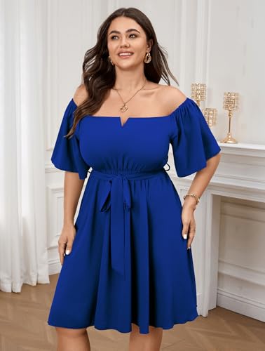 Image of SCOMCHIC Womens Plus Size Cocktail Dress Summer Off Shoulder Short Sleeve Flowy Ruffle A-Line Cute Mini Dress with Belt