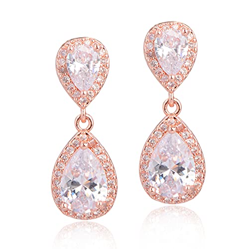 Wedding Earring for Bride Rose Gold - Elegant Sterling Silver Teardrop CZ Cubic Zirconia Crystal Rhinestone Dangle Earrings for Bridesmaids Mother of Bride Gift by Mycitta - Used condition - US$11.60