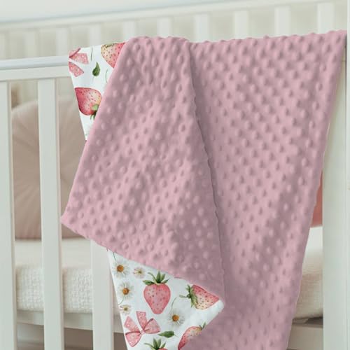 Image of Pink Baby Blankets for Girls 30 inch x 40 inch, Soft Double Layer Minky Blanket with Dotted Fleece Back, Nursery Bed Receiving Quilt for Newborn Infant Toddler Shower Gift Strawberry Bow Daisy Theme