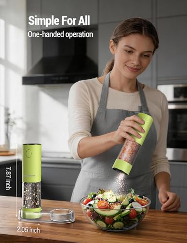 Image of ThermoMaven Electric Salt and Pepper Grinder Set, 110ml Larger Rechargeable Automatic Salt and Pepper Mill Grinder with 6 Adjustable Coarseness, Electric Salt and Pepper Shakers, LED, Pistachio