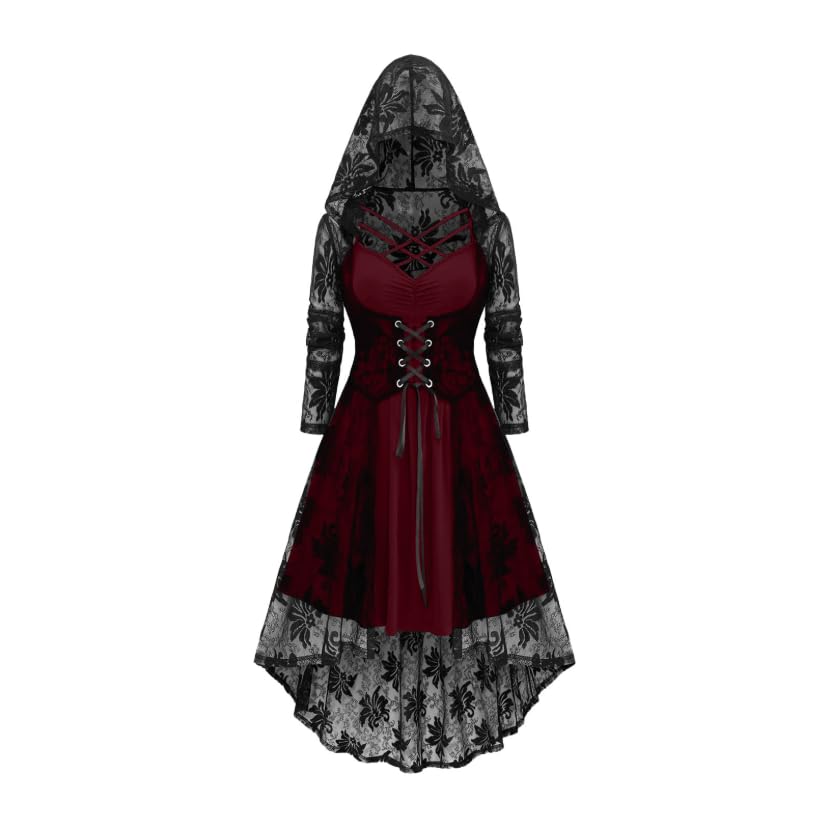 Meeyuioe Womens Halloween Gothic Dresses Plus Size A Line Y2K Hooded Dress Casual Off Shoulder Long Sleeve Party Evening Costumes Halloween Costumes Ladies Wine L