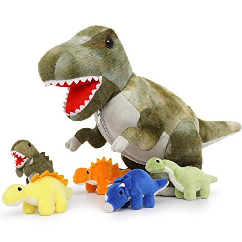 MorisMos Big Dinosaur Stuffed Animal Set with 5 Dino Plush Inside, Giant Stuffed Dinosaur Bulk with Babies, Large Zippered Pouch Dinosaur for Kids, Girls, Boys on Christmas, Birthday, 20in