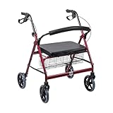 DMI Extra-Wide Heavy Duty Steel Bariatric Mobility Rollator Walker with Seat and Basket, Burgundy, Folding