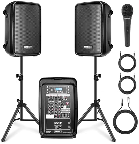 Pyle PA Speaker DJ Mixer Bundle - 300 W Portable Wireless Bluetooth Sound System w/ USB SD XLR 1/4' RCA Inputs - Dual Speaker, Mixer, Microphone, Stand, Cable - Home/Outdoor Party - PPHP28AMX,Black