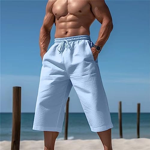 Short Homme été En Coton Lin Léger - Coupe Ample, Taille élastique, 2 Poches, Décontracté, Plage, Outdoor