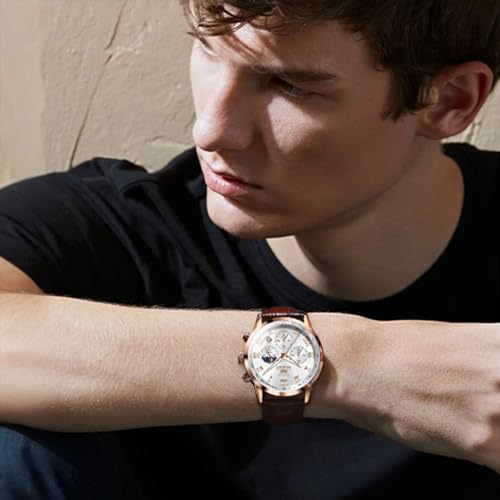 Image of OLEVS Men's Leather Analog Quartz Watch - Luxury Chronograph Wristwatch with Date, Waterproof, Luminous - Dress Style