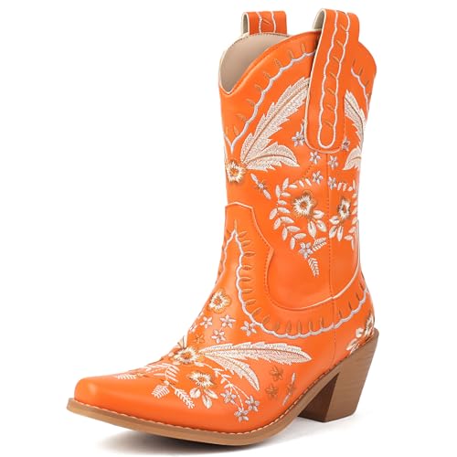 Womens Embroidered Cowgirl Boots Pull On Cowboy Boots for Women Floral Low Chunky Heel Western Boots