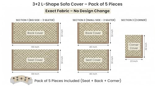 Image of Luxury Sofa Cover L Shape 5 Seater with Matching Cushion Cover 16x16 inch - Beige Diamond Jacquard 3+2 Seater (5 Seater) Quilted Sofa Cover Set Pack of 10, Washable, Beige Gold