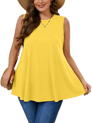 AusLook Plus Size Women's Tank Tops Bright Yellow 3X Summer Casual Crew Neck Sleeveless Flowy Loose Fit Boho Tops 2025 Basic Loose Dressy Work Holiday Shirts Business Outfits