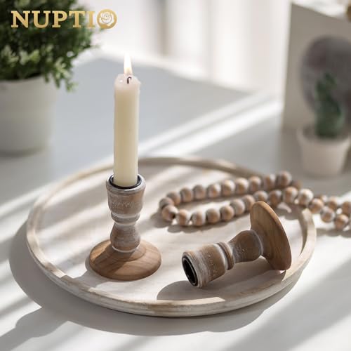 Nuptio Taper Candle Holders Wood: 2 Pcs Rustic Brown Wooden Candlestick Holder thumb #1