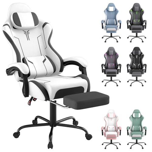 SAILUN Gaming Chair with Footrest & Massage Ergonomic Computer Chair Reclining 90155 Adjustable Headrest & Lumbar Support Padded Armrests Gaming & Home Office Desk Chair White