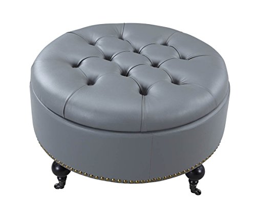 Iconic Home Mona Pu Leather Modern Contemporary Hidden Storage Button Tufted Nailhead Trim Castered Legs Round Ottoman, Gold,Grey #TOP4
