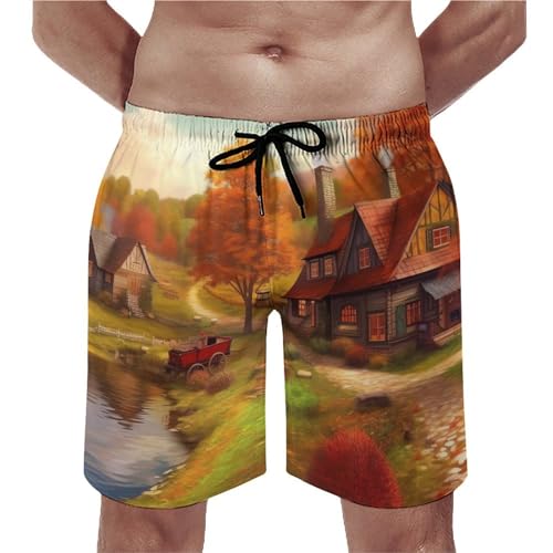 Autumn Village Mens Swim Trunks Summer Beach Shorts Quick Dry Swimming Shorts Funny Swimwear Bathing Suits