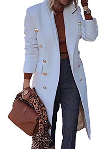 Onsoyours Veste en Laine Femme Revers Trench Coupe-Vent Manteau Long Parka Blouson Élégant À Manches Longues Couleur Unie Cardigan Coupe Ajustée Blazer Outwear Coat A Blanc M