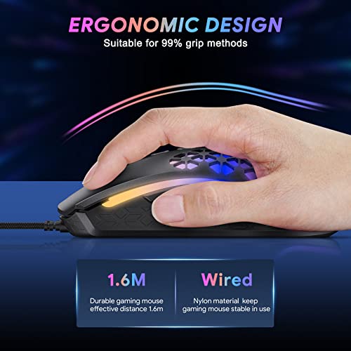 Tecurs Wired Gaming Mouse 12000 Dpi Programmable Mouse, Usb Optical Pc Gaming Mice, Ultra-Lightweight Rgb Mouse, Honeycomb Shell Design, Computer Game Hardware, Black #TOP5