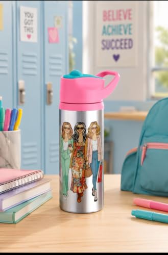 Image of Stainless Steel 600ML Sipper Water Bottle for Kids & Adults | Leakproof BPA-Free Bottle with Flip Lid & Carry Handle | Trendy fashion Print Design (Pack of 1, Pink)