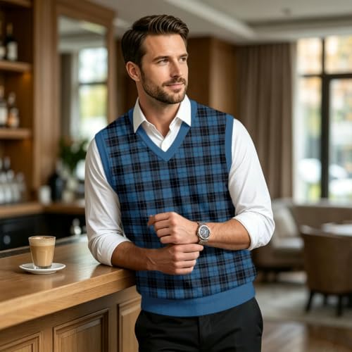 Christmas Sweater Vest Men V Neck Plaid Knit Lightweight Pullover Sweater - image 5