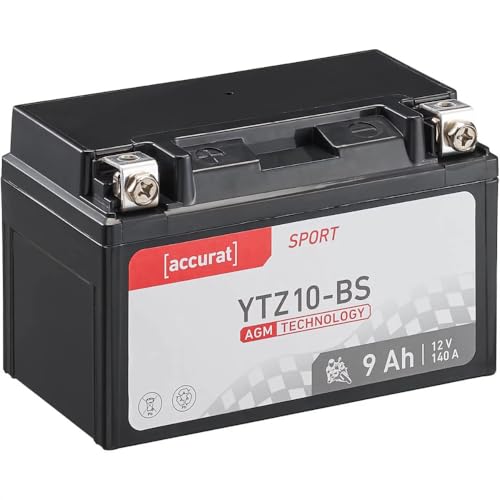 Accurat Motorradbatterie YTZ10-BS - 12V, 9Ah, 140A, rüttelfest, wartungsfrei - Starterbatterie, AGM Batterie in Erstausrüsterqualität für Rasentraktor, Roller, Motorrad, Quad