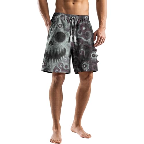Beach Shorts for Men Casual Loose Fit Summer Fashion Artistic Ghost Print Drawstring Elastic Waist Pants Lightweight Comfy Quick Dry Gym Vacation Hawaiian Knee Length Swimsuit with Pockets,2XL