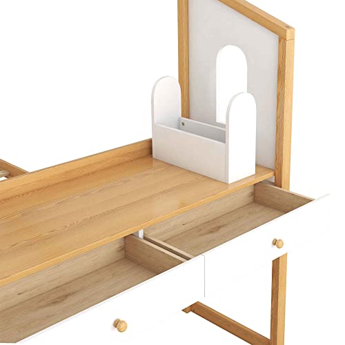 Aty House Shaped Full Size Bed With Built-In Desk, Wood Bunkbed Frame W/Separate Storage Pen Case, 2 Drawers, Roof & Windows Design, Perfect For Kids, Teens, Students, Sspace Saving, Natural+White #TOP5