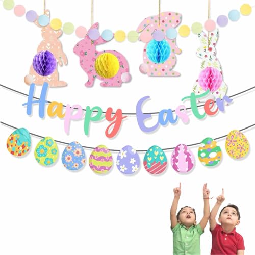 Banderines de Conejo de Pascua Nido de Abeja Huevo de Pascua - ¡Decoración de Pascua Única e Inclusiva! guirnaldas de Bolas de Fieltro de Pascua, Guirnalda de Pompones de Pascua, decoración