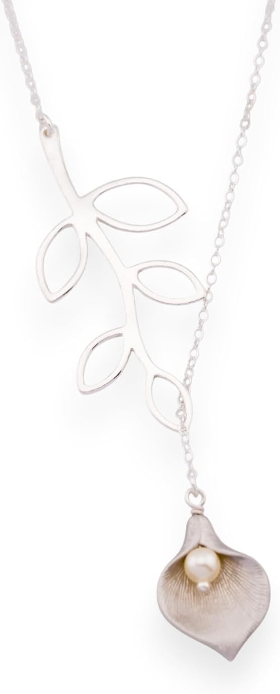 Calla Lily Necklace, White Pearl, Branch Leaf, Dainty Silver Necklace, Gold Lariat Necklace, Birthday, Bridesmaid Gifts, Wedding Jewelry
