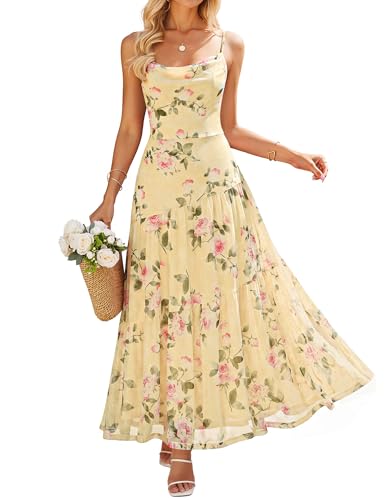 ZESICA Women's Summer Floral Sleeveless Maxi Dress 2026 Boho Mesh Spaghetti Strap Flowy Beach Wedding Guest Long Dresses Yellow Medium