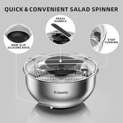 Stainless Steel Salad Spinner, Easy Press Large Vegetable Dryer Washer, 4.2Qt Fruit Washer with 304 Stainless Steel Bowl for Lettuce, Vegetable, Herbs, Berries (QE1) - Image 2