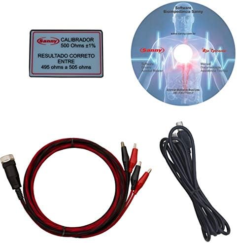 Sanny Tetrapolar Bioimpedance device components including electrodes, cables, calibration plate, and software CD.