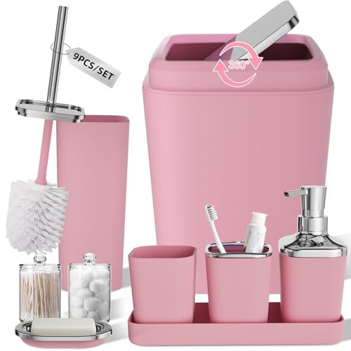 XLHOMO Pinkes Badezimmer-Zubehör-Set, 9-teilig, komplett mit Mülleimer, Tablett, Seifenspender, Seifenschale, Zahnbürstenhalter, Tasse, WC-Bürste und Qtip-Haltern