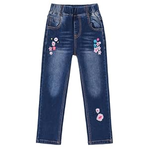 KIDSCOOL SPACE Girls Jeans, Ribbed Elastic Waist Embroidered Denim Pants