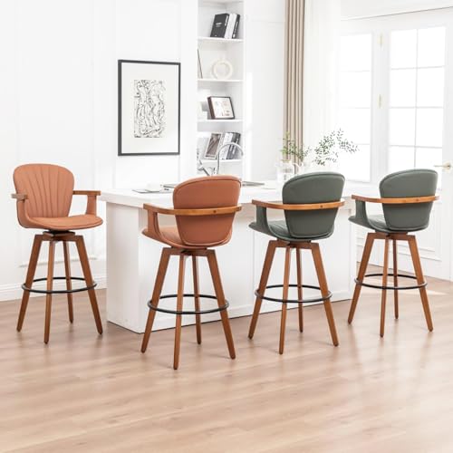 Image of LUNLING 26 inch Counter Height Stools Set of 3.Mid Century Modern Bar Stools,Brown PU Leather Kitchen Island Stools,Wood High Barstools Swivel with Back and Arms for Home Bar Furniture