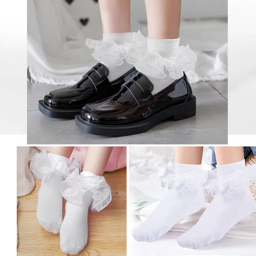 Image of Women Big Ruffle Ankle Socks Adult Double Lace Frilly Turn Cuff Dress Socks Cotton Cute Fancy Bobby Crew Socks