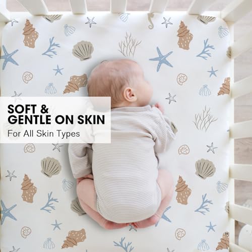 Image of Little Grape Land Crib Sheets 2 Pack, Microfiber Fitted Crib Sheet for Standard Crib Mattress 52 inchx28 inchx8 inch, Soft and Neutral Baby Crib Sheets for Boys and Girls, Breathable & Easy Care, Seashell Haven