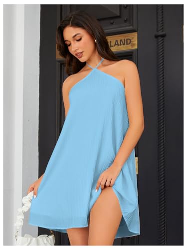Image of OYOANGLE Women's Summer Beach Dresses Sleeveless Halter Tie Back Solid Backless Flared Short Dress