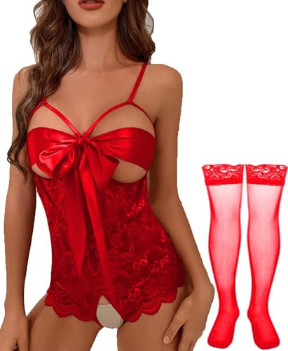 NLAND Damen Spitzenunterwäsche Set, Babydoll Einteilige Unterwäsche Fliege Spitzenstrumpfhose Pyjama Mit Strümpfen