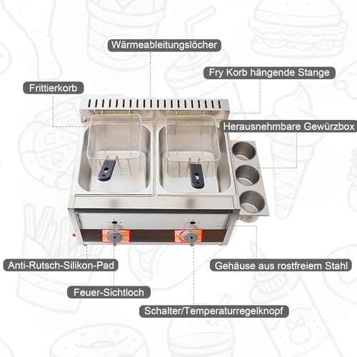 Gas Fritteuse Gastro Doppel Gasfritteuse Edelstahl Fritteuse mit Pommes Körbchen 20 Liter Volumen für Heimküche Küche – Bild 7