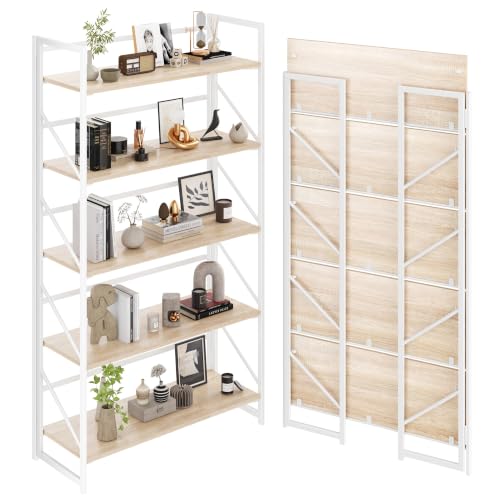 Image of JSB 5 Tier No Assembly Folding Bookshelf, 30.7 inch Wide Foldable Storage Bookcase for Home Office, Space-Saving Storage Shelf for Living Room (White)