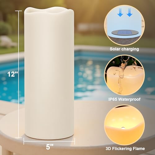 Image of Solar Candles Outdoor Waterproof, 12 inch x 5 inch Large Solar Charging Dusk to Dawn, Outdoor Battery Operated Pillar Candles with Sensor Timer for Patio, Porch, Lanterns, Mantel Decor, 2 Packs