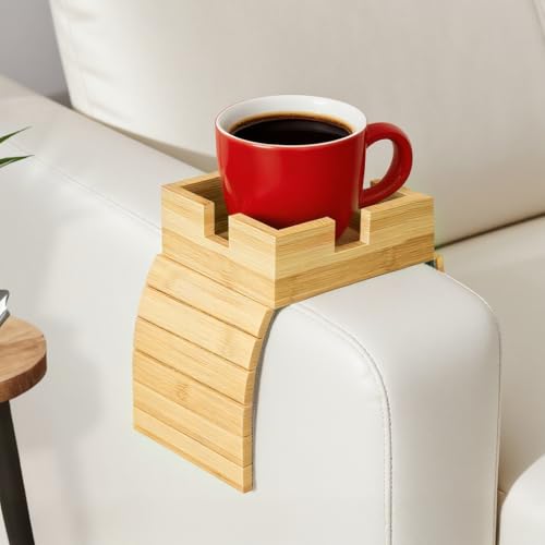 BHNJUTM Bamboo Couch Cup Holder Non-Slip Armrest Tray for Recliner & Loveseat Large Caddy for Drinks Cell Phone and TV Remote(Large)
