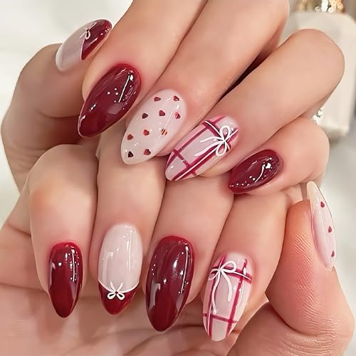24Pcs French Tip Press on Nails Medium Almond Fake Nails with Red Heart Plaid Bow Designs Glossy False Nails Cute Mini Bow Burgundy French Acrylic Nails Glue on Nail for Coquette Women Girlfriend Gift